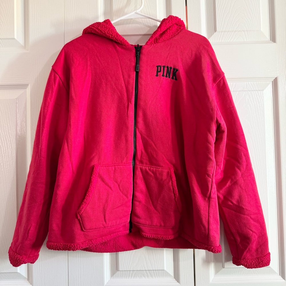 Victoria's Secret PINK REVERSIBLE SHERPA HOODIE FULL ZIP JACKET - Red - Medium